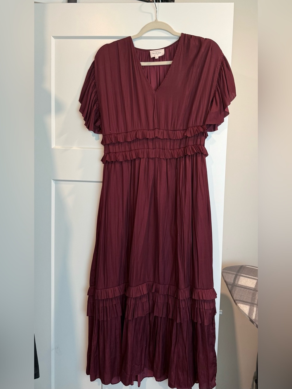 bohme Wine Ruffle Tiered Maxi Dress